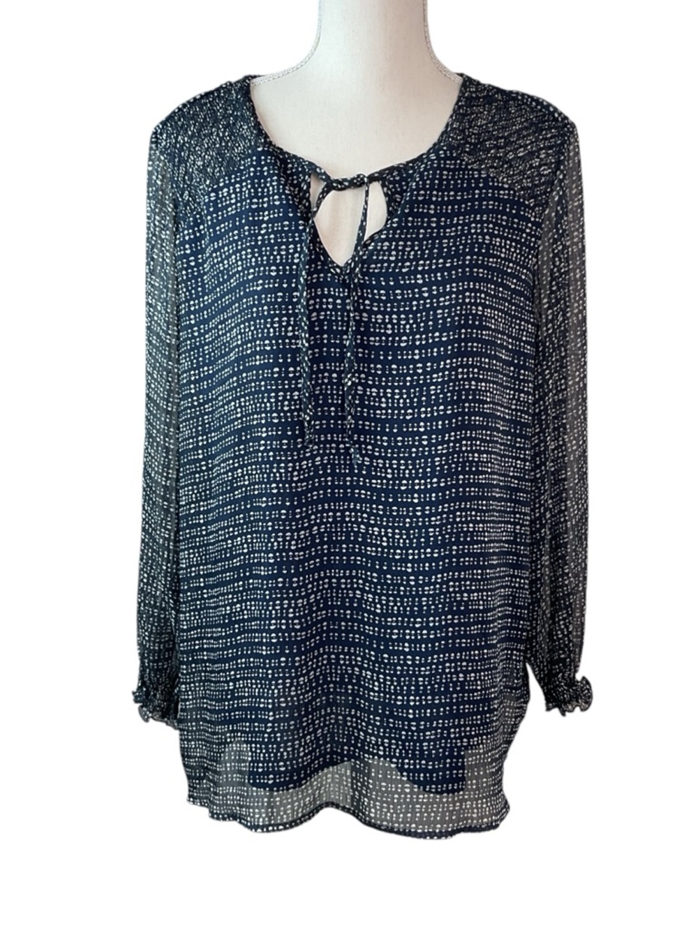 Womens Navy Tie-Neck Long Sleeve Printed Blouse XL